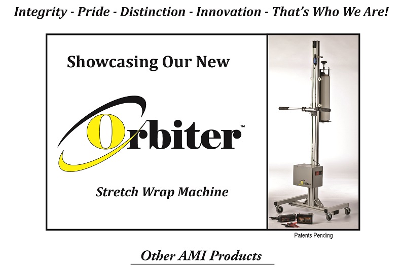 Orbiter Stretch Wrap Machine - Semi-automatic stretch wrap machine on a rolling stand that includes a winch system to raise and lower the stretch roll.  Powered by a 12V Lithium-ion battery